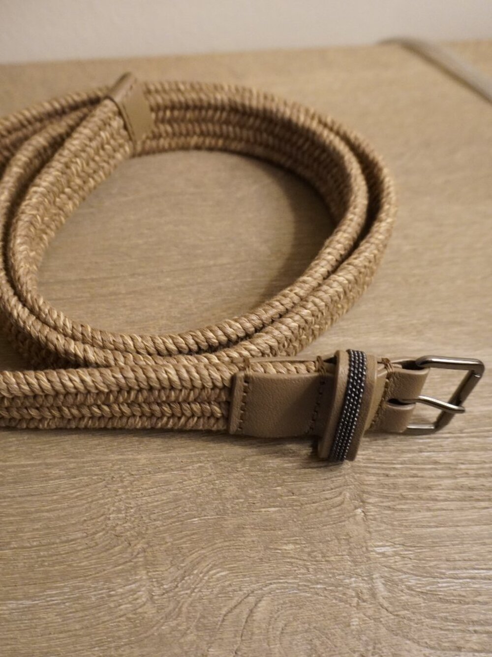 Brunello Cucinelli Monili Belt Natural Raffia Tan Leather Trim Stretch Size S